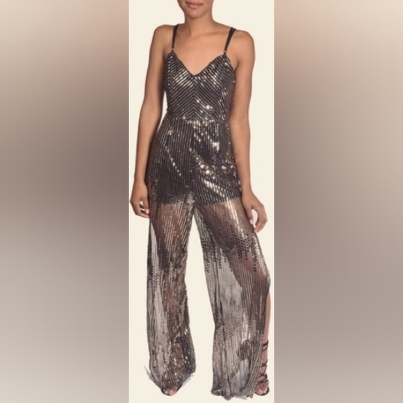LUXXEL Riri Sequin Jumpsuit silver black mesh sparkly ✨ - Picture 2 of 11